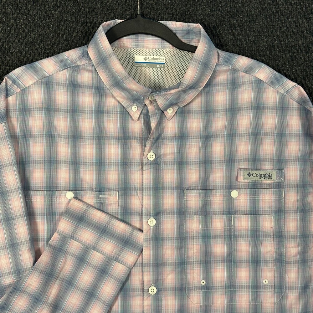 Columbia PFG Long Sleeve Fishing Shirt Mens XL Pink Blue Plaid Omni-Shade Vented